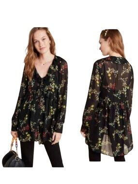 Anthropologie Floral Jamison Ruffles Flowy Blouse Whimsy Goth Tunic Top Boho M